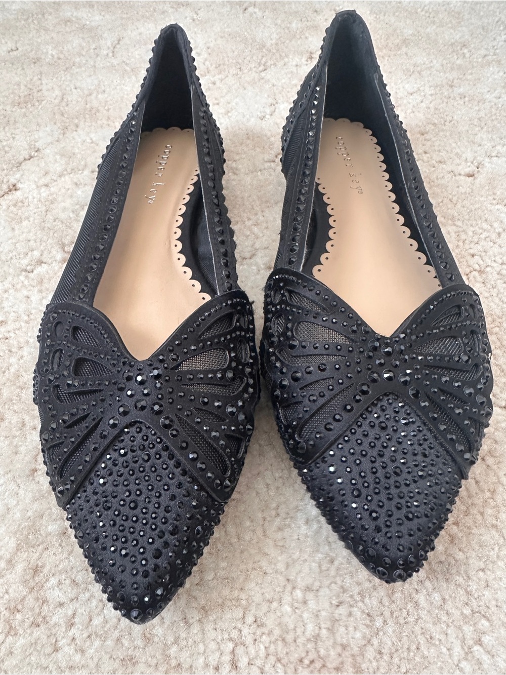 Copper Key Black Pointed Toe Embellished Flats NWOB 6